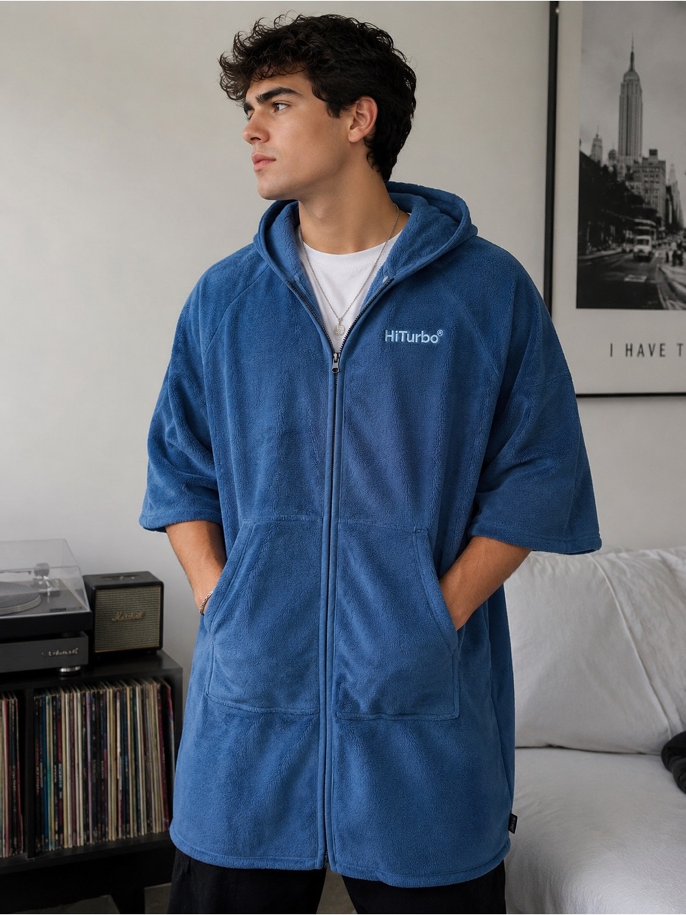 HiTurbo Blue Fleece Hooded Zip-Up Jacket | Cozy & Lightweight Outerwear